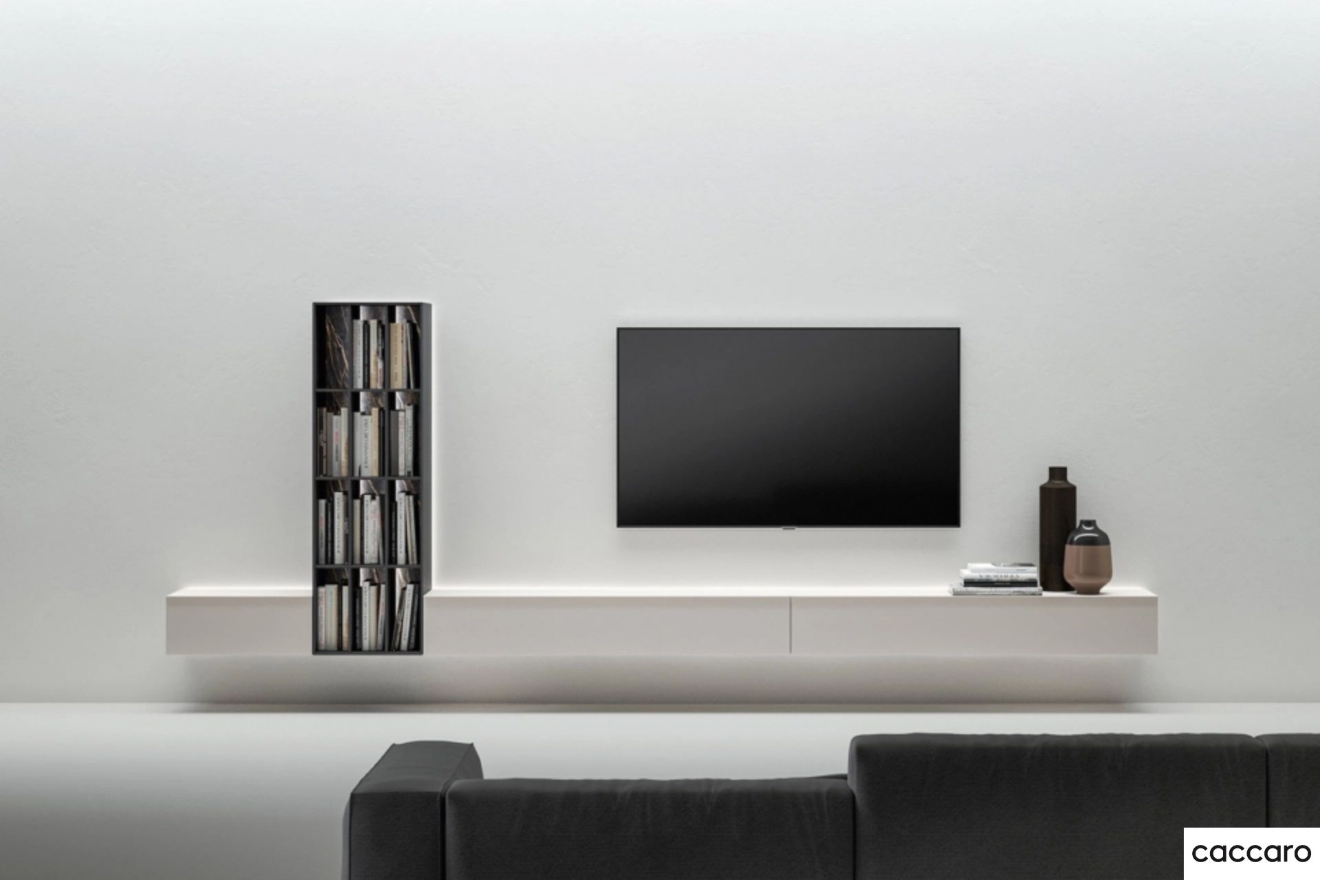 parete tv con libreria verticale
