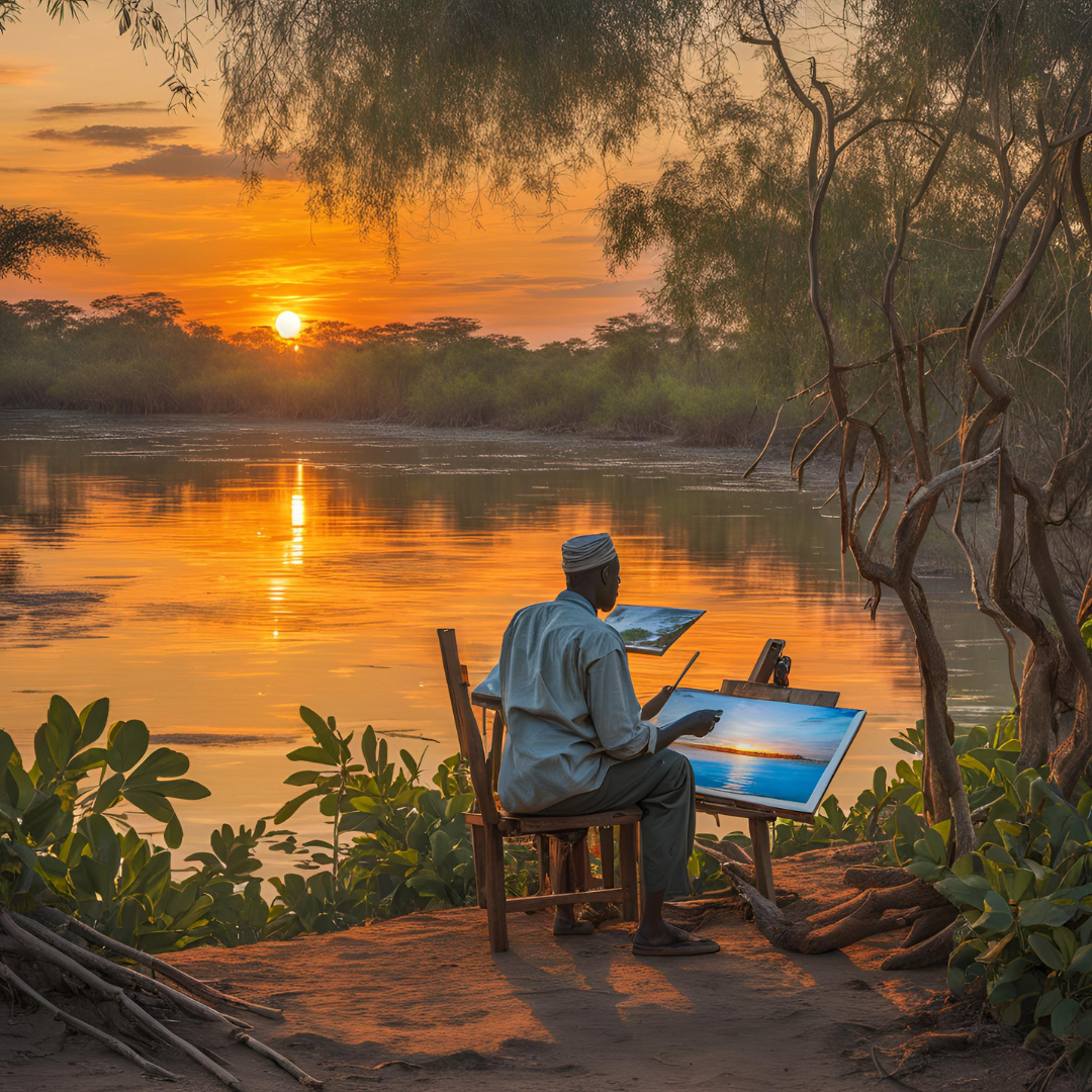 quadro tramonto lago africano