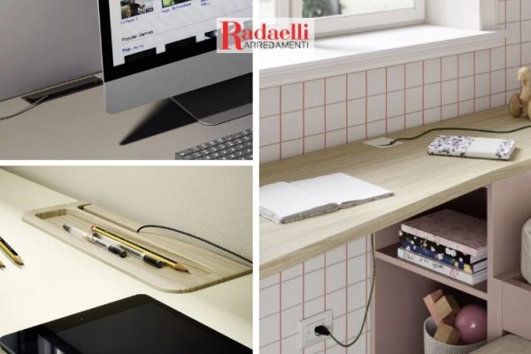 Accessori per scrivania. Passacavi di diverse forme.